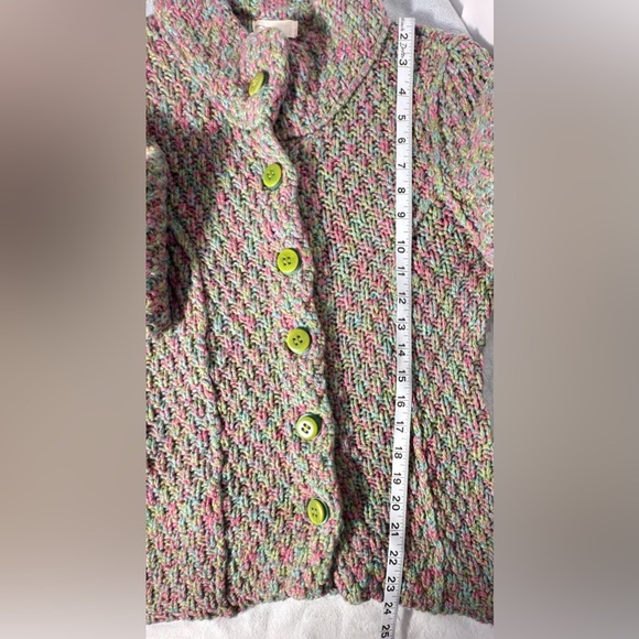 Cozy Pink and Green Button-Up Turtleneck Sweater - Picture 6 of 8